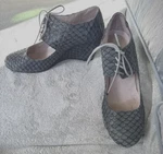 All Black Gray "fish Scale" 3.25" Wedge Heels Lace Up Size 41. Fixed Price $49.00.