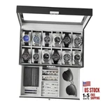 Watch Box Display Organizer Leather 12-SLOT-NON-LED Black+grey. Fixed Price $45.17.